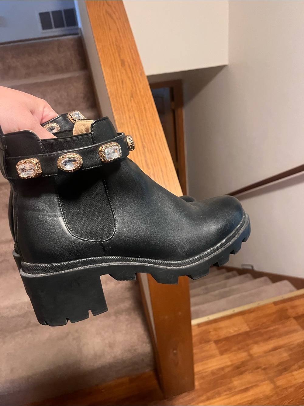 Steve Madden Black Jeweled Strap Lug Heel Chelsea Boot